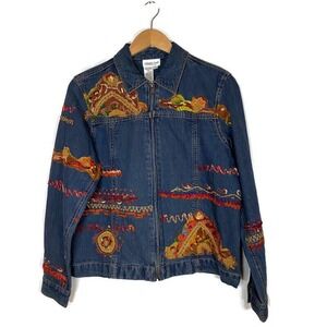 Coldwater Creek Size S Embellished Denim Full Zip Jean Jacket Embroidered Boho